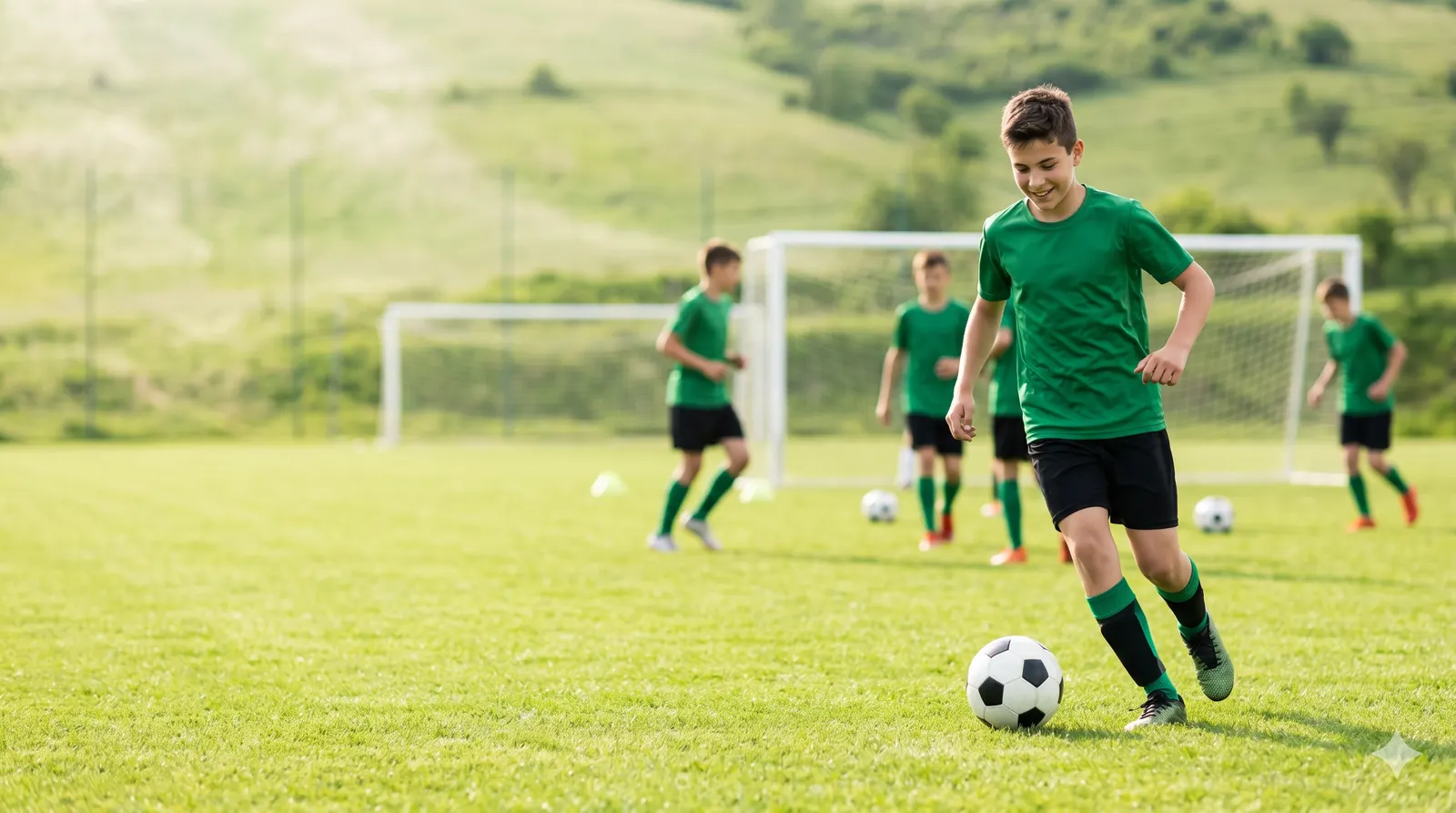Niños entrenando fútbol en una cancha